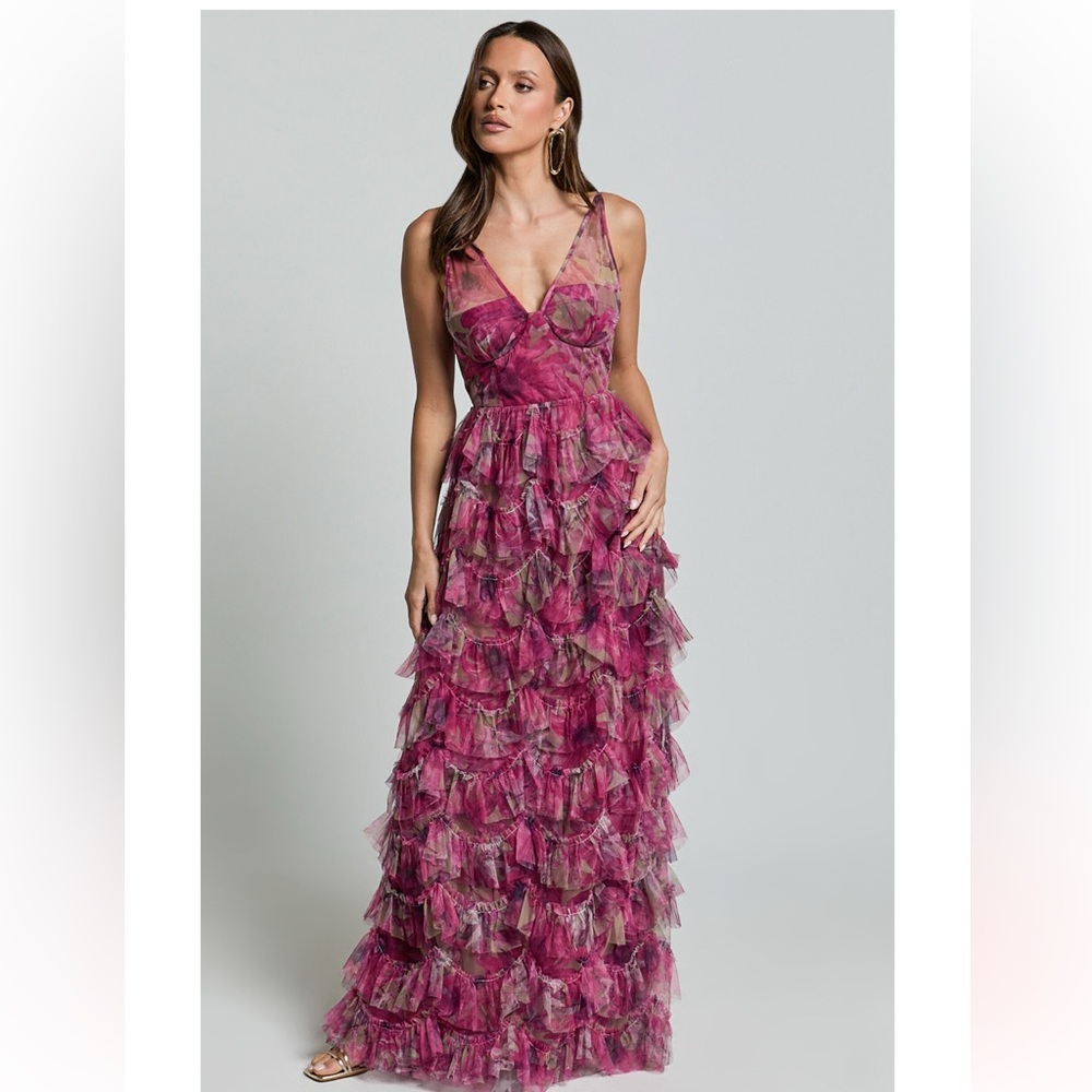 Amalie The Label Josette Pink Floral Tulle Tiered Gown Maxi Dress Prom